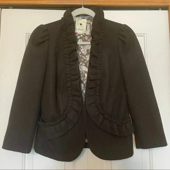 Elevenses Anthropologie Brown Wool Ruffle Collar Blazer Size 6 - Picture 1 of 7